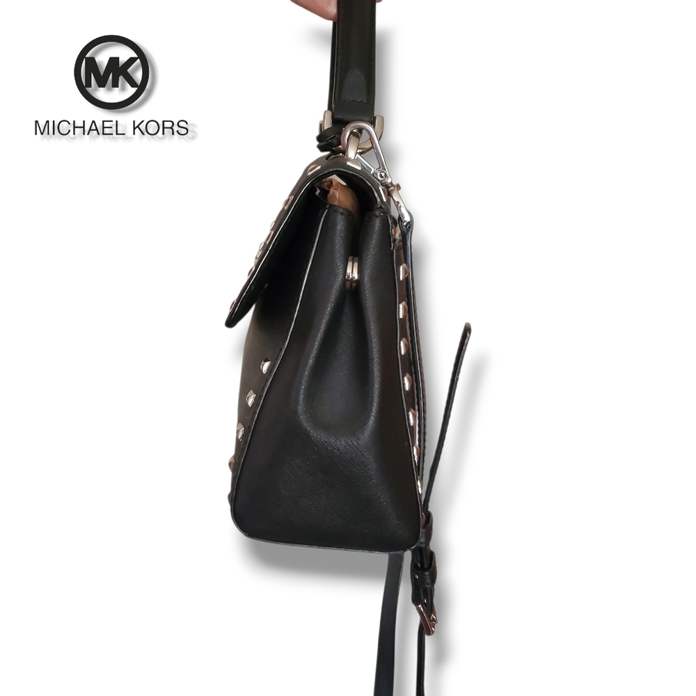 Michael KORS Black Saffiano Leather Top Handle Silver Studded Crossbody Satchel - Picture 4 of 17